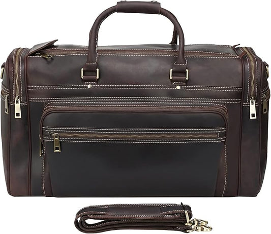 Polare 24" Retro Full Grain Leather Travel Overnight Luggage Weekender Duffel Bag with YKK Zippers