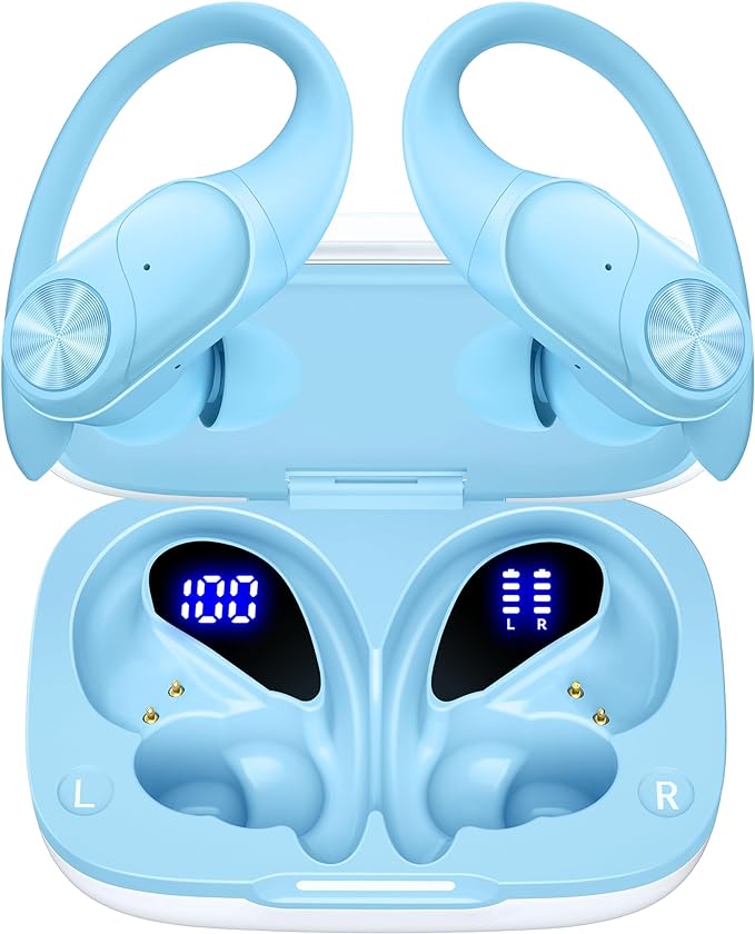 PocBuds Bluetooth Headphones Wireless Earbuds 80hrs Playtime Wireless Charging Case Digital Display Sports Ear Buds with Earhook Deep Bass IPX7 Waterproof Over-Ear Earphones for TV Phone Laptop Blue