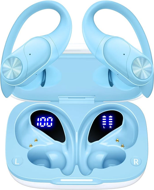 PocBuds Bluetooth Headphones Wireless Earbuds 80hrs Playtime Wireless Charging Case Digital Display Sports Ear Buds with Earhook Deep Bass IPX7 Waterproof Over-Ear Earphones for TV Phone Laptop Blue