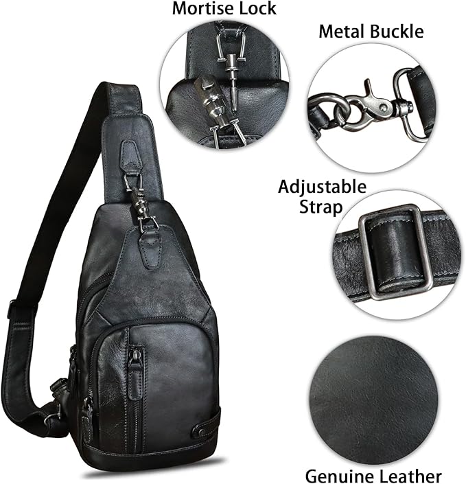 IVTG Genuine Leather Sling Bag Vintage Crossbody Shoulder Bag Handmade Casual Backpack Fanny Purse Chest Bag (Black)