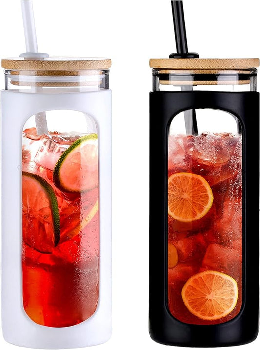 Kodrine 20oz Glass Tumbler with Straw and Lid, Bamboo Lids Water Bottle, Reusable Iced Coffee Cups, Wide Mouth Smoothie Cup with Protective Silicone Sleeve BPA FREE-White+Black-2pack
