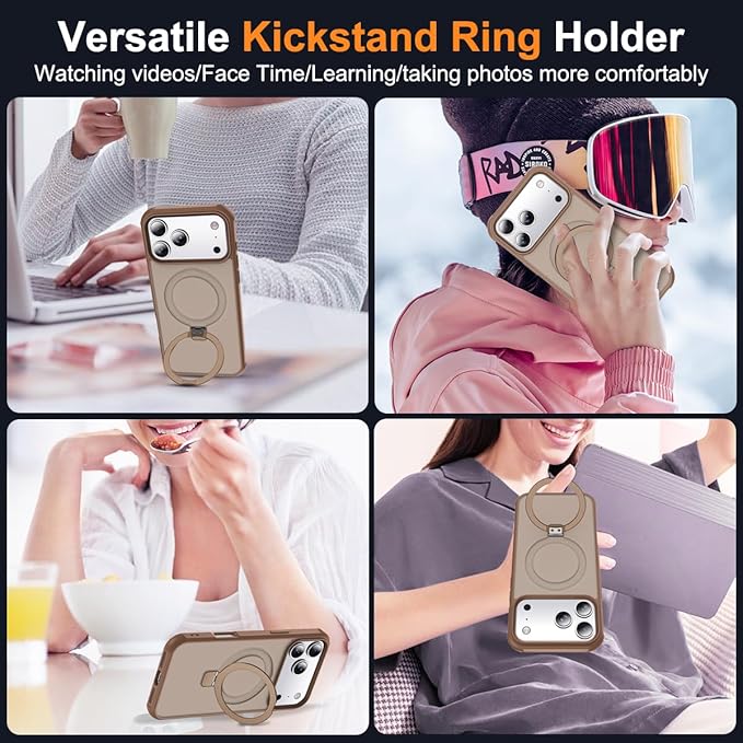 Compatible with iPhone 17 Pro Case with Invisible Magnetic O-Ring Stand Military-Grade Translucent Phone Case for iPhone 17 Pro 6.3" [Compatible with Mag-Safe][Great Grip Feeling],Desert Brown