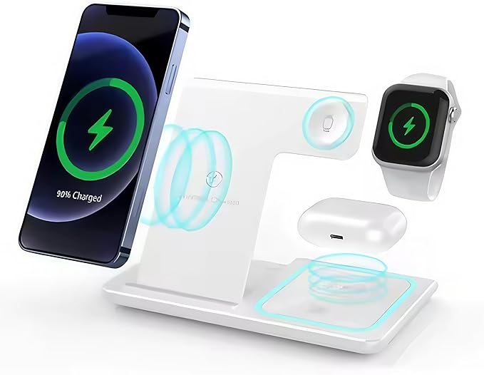 Multiple Devices Charging Station, Charger 3 in 1 Magnetic Wireless Charging Stand for iPhone 16/15/14/13/12/11/X, Wireless Charging Station, with USB Cable, Apple Watch Series (White)