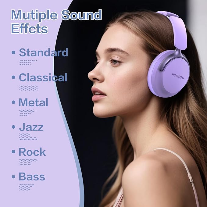 RORSOU B8 Bluetooth Headphones Over Ear, 6 EQ Music Modes and 50H Playtime Deep Bass Wireless Headphones with Mic, Lightweight Folding HiFi Stereo Headset for iPad/Travel/Tablet/PC/Home Purple