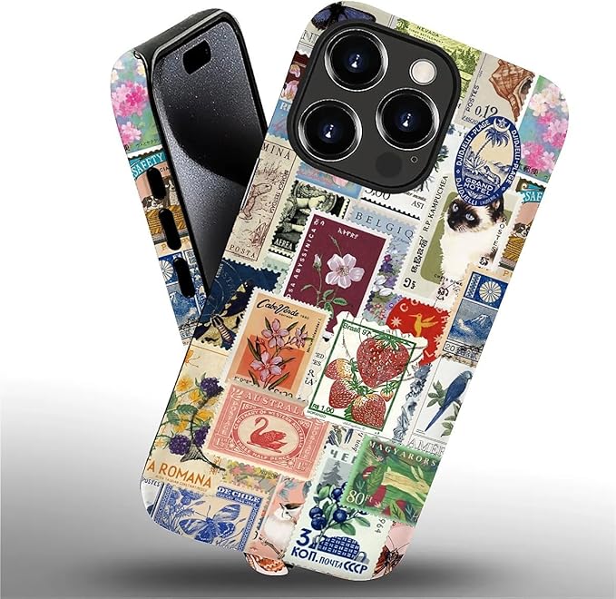 Case for iPhone 16 Pro,Vintage Stamp Collage for Woman Men Full Body Protective Cover Shockproof 2 in 1 Silicone + Hard PC Case for iPhone 16 Pro