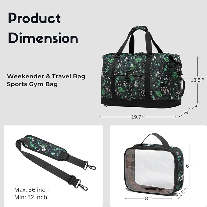 SUNNY BIRD Duffel with Utility Pouch, 40L Weekender Overnight Bag with Shoe Compartment for Travel and Sports (Floral & Foliage)