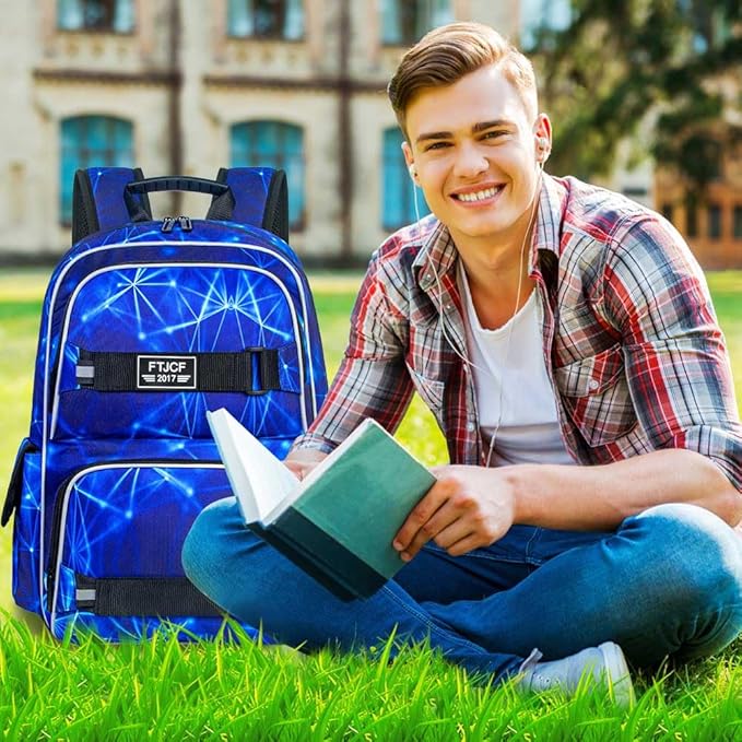 Laptop Backpack, 17 Inch School Bag College Bookbag with Lunch Bag Set, Water Resistant Aurora Backpacks for Teens Boys Man Students (Blue)