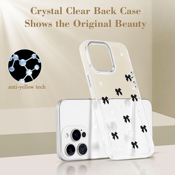 EYZUTAK Case for iPhone 15 Pro, Bling Glitter 3D Bowknot Phone Case Cute Sparkly Crystal Clear Bow Aesthetic Design Case Slim Soft Durable TPU Transparent Protective Cover for Women Girl - Black Bow