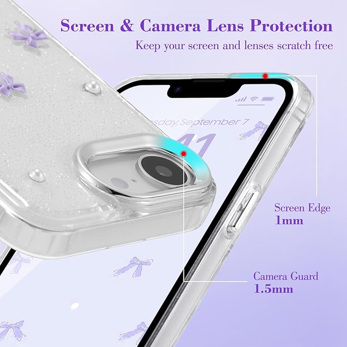 EYZUTAK Case for iPhone 16e, Bling Glitter 3D Bowknot Phone Case Cute Sparkly Crystal Clear Bow Aesthetic Design Cover Slim Soft Durable TPU Transparent Protective Cover for Women Girl - Purple Bow