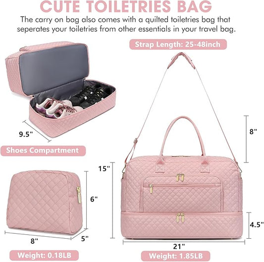 Travel Duffle Bag Weekender for Women - 38L Carry-On Overnight Personal Item Bag with Shoe Compartment & Wet Pocket Weekend Tote Bags with Toiletry Hospital Bags for Labor and Delivery