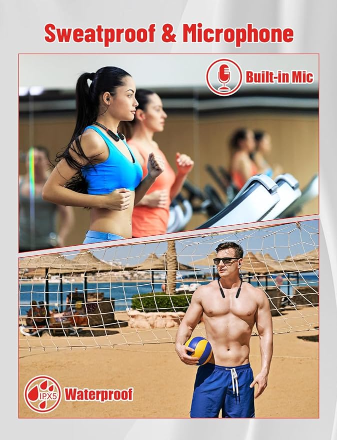 Neckband Bluetooth Headphones, 200H Long Playtime Wireless Stereo Neckband Earbuds with Microphone, Waterproof Around The Neck Headphones in Ear Headset for Sports/Workout/Office (Black)