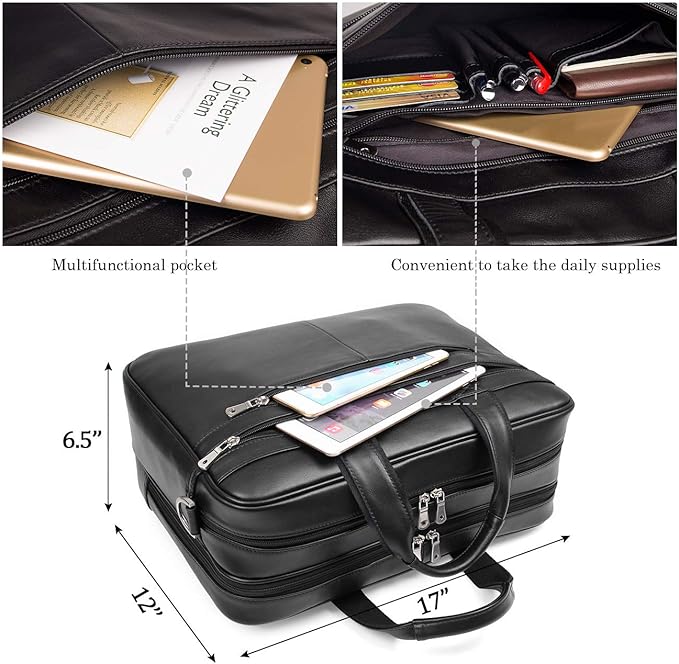 Augus Business Travel Briefcase Genuine Leather Duffel Bags for Men Laptop Bag fits 15.6 inches Laptop YKK Zipper (Black)