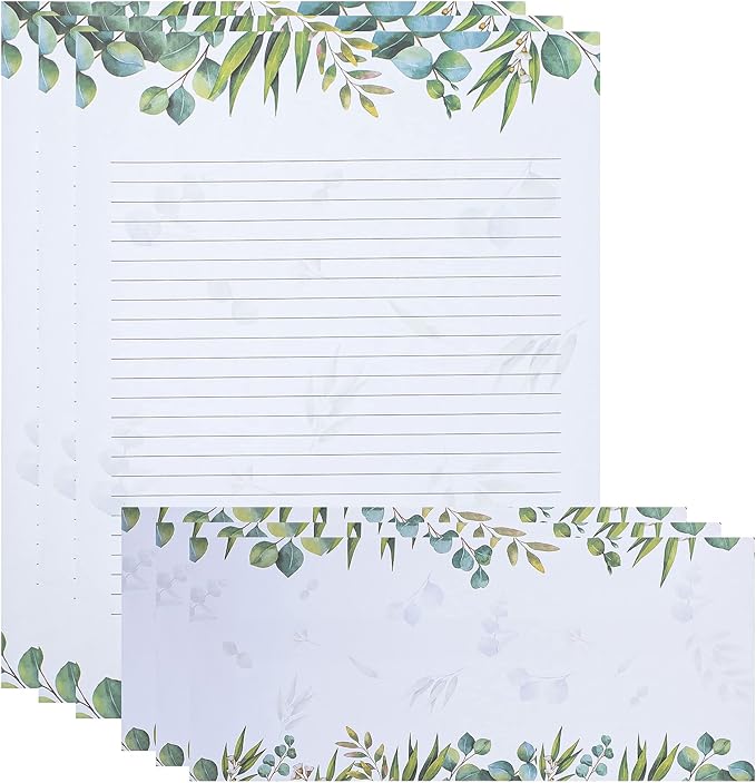 72 Pcs Leaf Theme Paper Stationery Set 36 Greenery Letterhead Paper with 36 Matching Envelope Leaves Lined Paper for Letter Elegant Letter Paper (Fresh Style,8.5 x 11 Inch, 9.5 x 4.13 Inch)