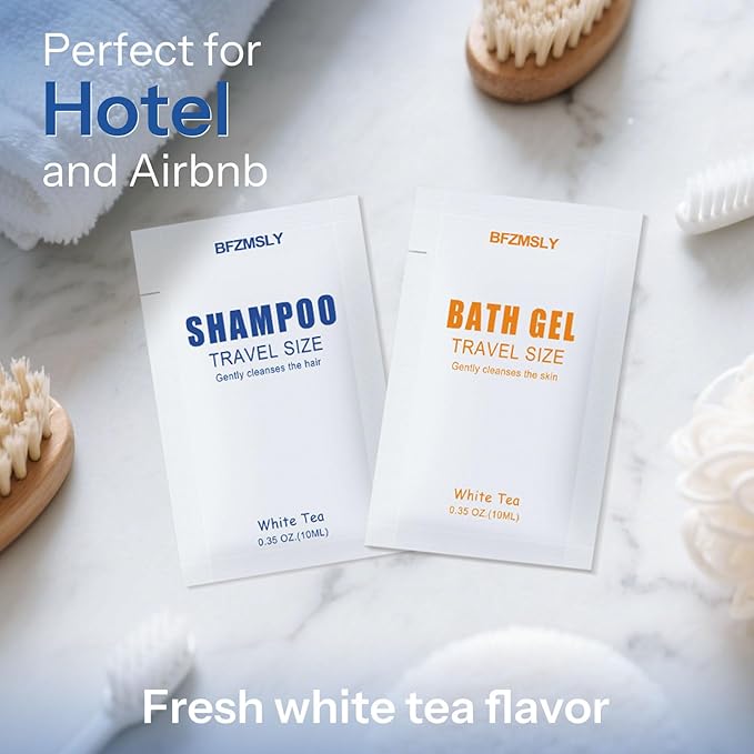 50 Sets Travel Size Toiletry Sets, Shampoo & Body Wash (0.35oz Each, 2-in-1 Toiletries Kit, White Tea Scent) – Individually Wrapped Hotel Amenity Packs for Guests, Airbnb, Vacation Rentals