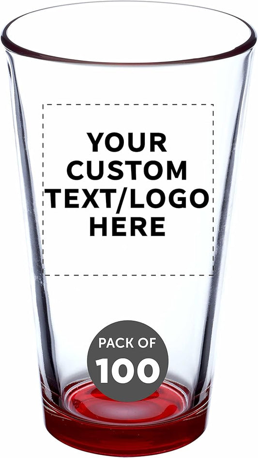 Custom Libbey Pint Glass 16 oz. Set of 100, Personalized Bulk Pack - Beer Glasses, Heavy Duty Drinkware - Red