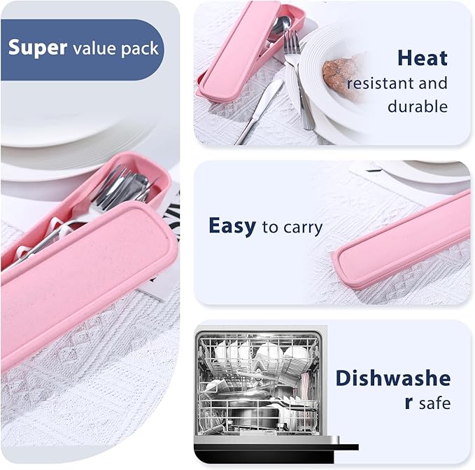 HANSGO 3PCS Portable Utensils Set with Case, Travel Cutlery Set Stainless Steel Utensils Reusable Silverware for Lunch Camping School Picnic Office Dishwasher Safe Pink