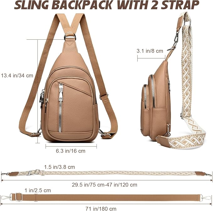 Sling Bag Crossbody Backpack - 2 in 1 Leather Cross Body Bag Fanny Pack with 2 Removable Straps