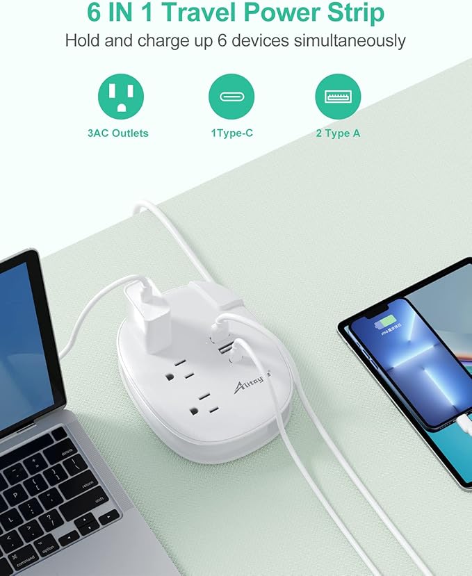 Alitayee USB C Travel Power Strip,Portable Power Strip with 3 Outlets 3 USB Ports Fast Charge, USB Extension Cord with Flat Plug and 4ft Wrapped Around Extension Cord for Cruise Travel Home Office
