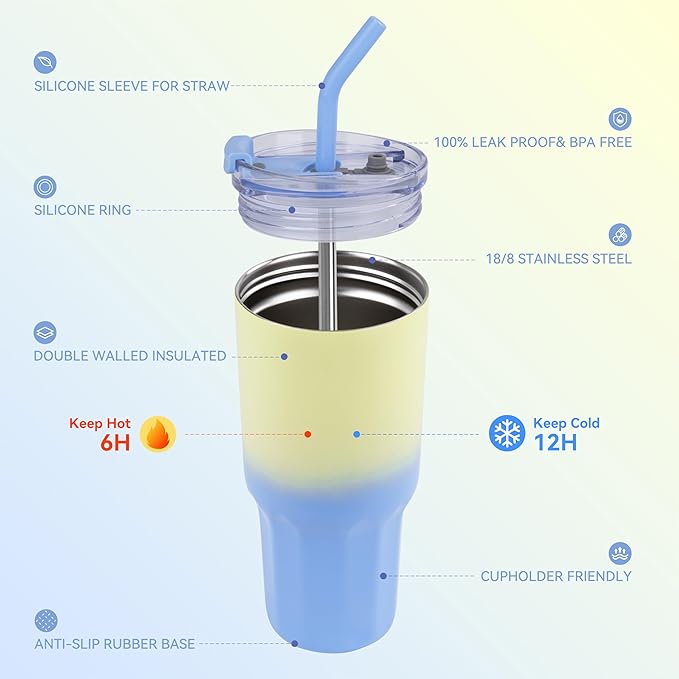 VEGOND 30 oz Insulated Stainless Steel Tumblers with lid and straw Bulk Pack Coffee Mug with Non-Slip Silicone Base, Sweat Proof Powder Coated Cup for Hot Cold Drinks, Blue and Green 8Pack