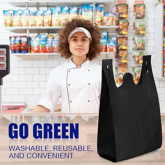 Windyun Large Grocery T-shirt Bags Bulk Reusable Non Woven Shopping Bag Foldable Gift Tote with Handle, 21x11x6 Inch