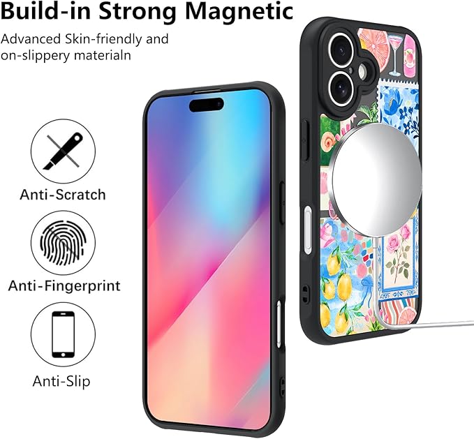 KANGHAR Case for iPhone 16 [Compatible with Magsafe] Cute Flower Floral Fruit Bows Turtle Collage Summer Pattern Protective Magnetic Case for Girls Women 6.1"