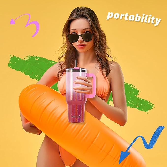 40 oz Shiny Tumbler with Handle and Straw,Stainless Steel Tumbler with Lid and Straw,Insulated Travel Mug(Cold for 34 Hours),Water Bottle for Iced Tea,Coffee (Red)