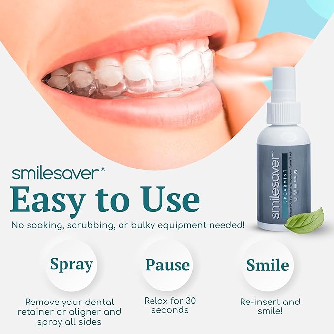 Smilesaver Retainer Cleaner - A Clean Label, Healthy Choice, 30 Sec Spray Cleaner for Retainers, Invisalign, & Dentures. Minty Taste. Portable, Convenient, No Rinsing. Protects Oral Health. (2oz)