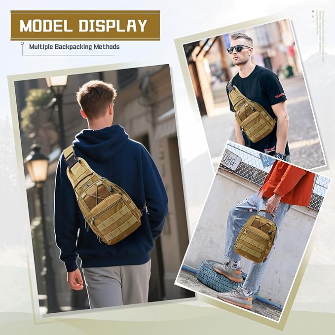 Tactical Chest Pack Backpack, Carry Shoulder Sling Bag for Men, Waterproof Military Cross-body Molle Backpack for Outdoor, Range, Travel, Hiking, Khaki