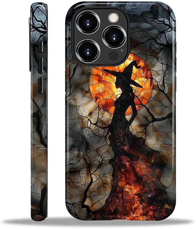 Case for iPhone 16 Pro Case,Halloween Witch Moon Stained Glass Design Hybrid Dual Protection Silicone + Hard PC Shockproof Full Body Cover Slim Anti-Scratch Protective Case for Men Women