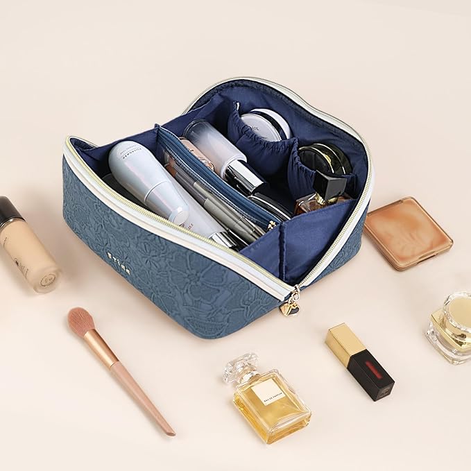 Prite Travel Cosmetic Bag Makeup Organizer Bag For Women Large Capacity Waterproof PU Leather Toiletry Bag with Handle and Clear Divider(Blue Flower)