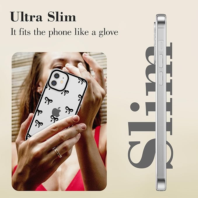 EYZUTAK Case for iPhone 12, Clear Cute Ribbon Bowknot Pattern Aesthetic Transparent Phone Case Raised Camera Protection Stylish Slim Soft Durable TPU Protective Cover for Women Girls - Black