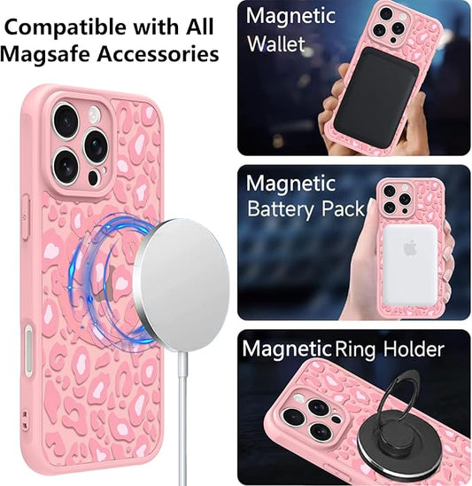 KANGHAR Case for iPhone 16 Pro Pink Leopard Printed Pattern Cute Cheetah [Compatible with Magsafe] Protective Magnetic Case for Girls Women 6.3"