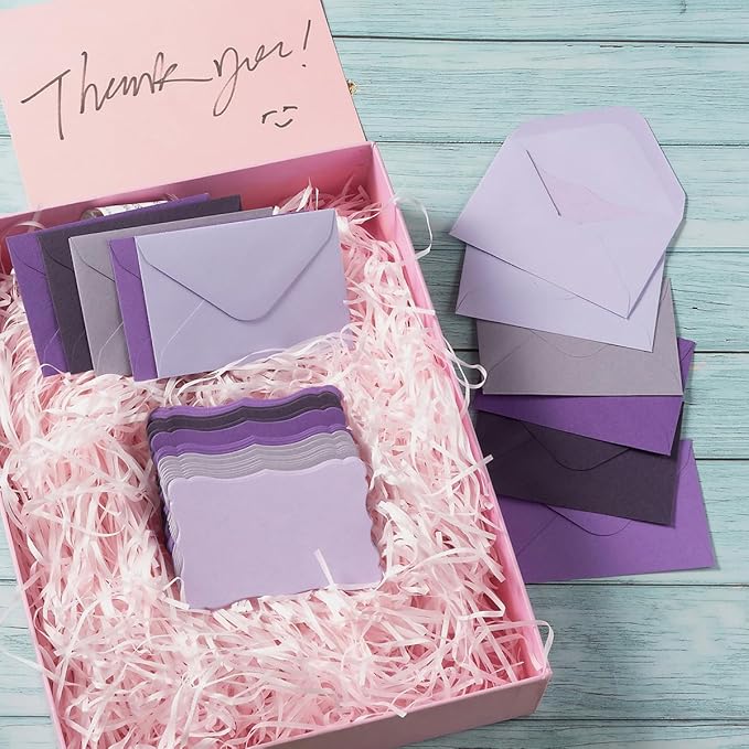 100 Pack Mini Envelopes with Note Cards in 5 Colors for Wedding, Birthday, Baby Showers, 4 x 2.7 Inches (Purple)