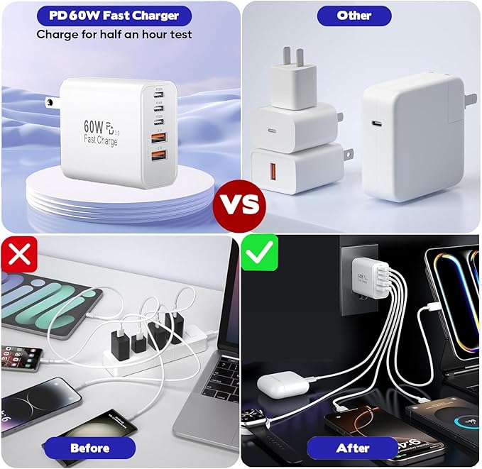 iPhone 16 Fast Charger Block, 2 Pack 60W USB Charging Block 5-Port Charge Adapter for Apple iPhone Charger with 6FT USB C Woven Fast Charging Cable for iPhone16/16e/16 Pro/15Pro Max, iPad Pro/Air/Mini