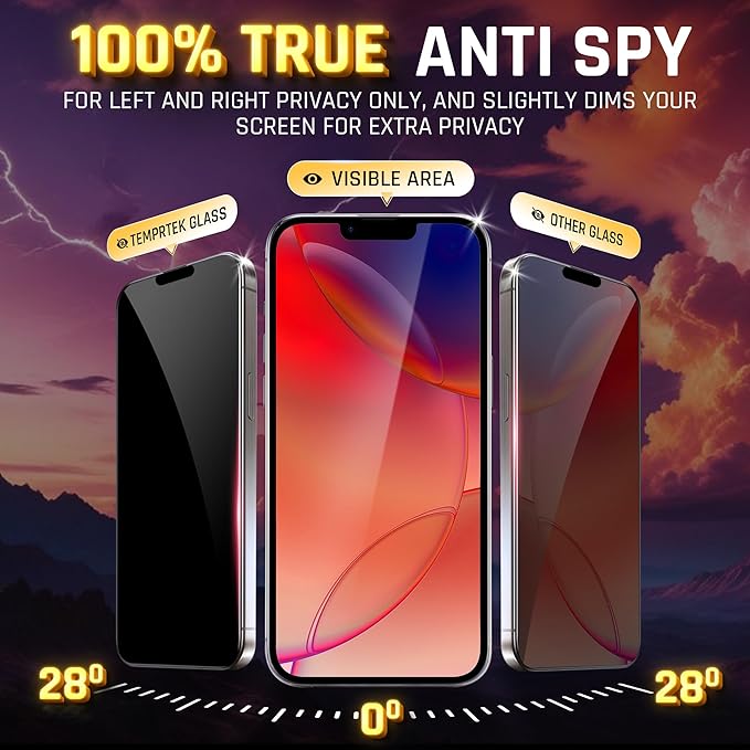 TEMPRTEK+ 2 Pack for iPhone 16 Pro Max Privacy Screen Protector Glass -16 Pro Max Screen Protector Privacy 9H Military Grade Scratch Fingerprint Resistance Anti-Glare Easy Installation Bubble Free