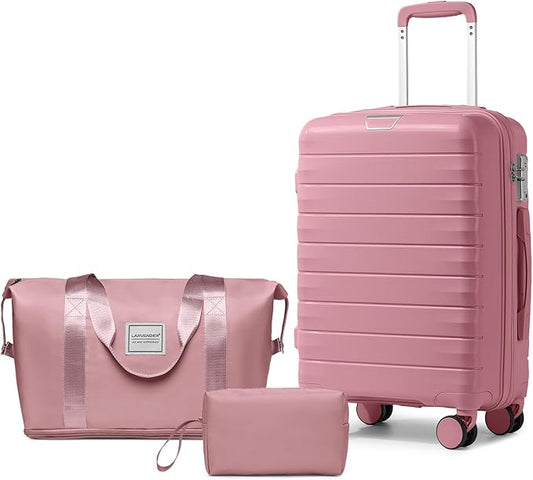 LARVENDER Luggage Sets 3 Piece with Duffel Bag Hardside PP Carry On Suitcase with 360° Spinner Wheels TSA Lock Luggage Sets for Women, Pink