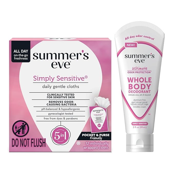 Summer's Eve, Whole Body Deodorant for Women, Ultimate Odor Control, Aluminum Free Deodorant, 3 Fl Oz + Simply Sensitive Daily Refreshing Feminine Wipes, Removes Odor, pH Balanced, 12 Count