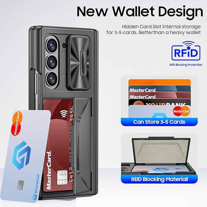 for Samsung Galaxy Z Fold 6 Case with Card Holder, Built in RFID Blocking & Slide Camera Cover & Hinge Protection & Full-Body Rugged Shockproof Wallet Case for Galaxy Z fold 6, Black