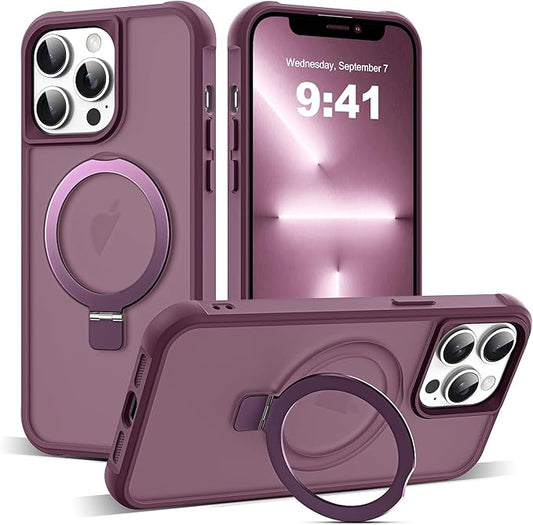 Compatible with iPhone 12 Pro Max Case & iPhone 13 Pro Max Case with Invisible Magnetic O-Ring Stand Translucent Phone Cases 6.7" [Compatible with Mag-Safe][Great Grip Feeling], Wine Red