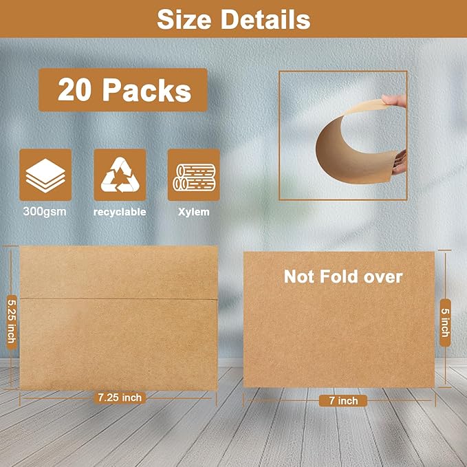 Brown Blank Greeting Cards and Envelopes 5 x 7 Heavyweight Flat Cardstock and A7 Envelopes Printable Self Seal 20 Packs for DIY Wedding Invitations, Baby Shower, Thank You Cards