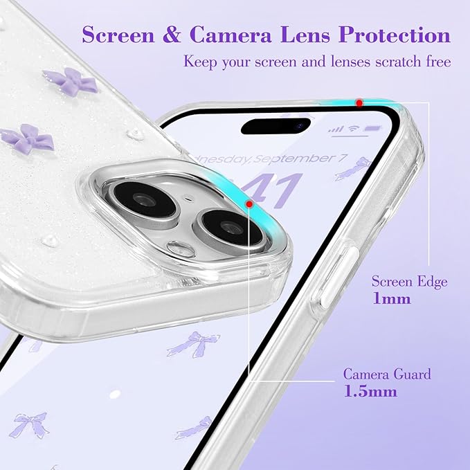 EYZUTAK Case for iPhone 15 Plus, Bling Glitter 3D Bowknot Phone Case Cute Sparkly Crystal Clear Bow Aesthetic Design Case Slim Soft Durable TPU Transparent Protective Cover for Women Girl - Purple Bow