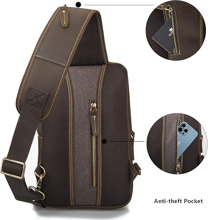Vintage Full Grain Leather Sling Bag for Men, Crossbody Shoulder Chest Travel Hiking Daypacks Bag for 11 inch iPad, Brown