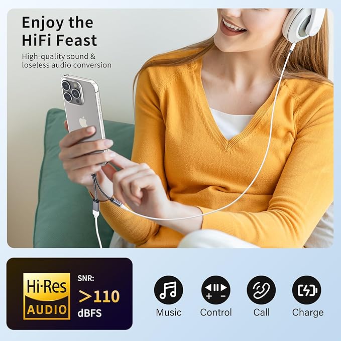 USB C to 3.5mm Female Headphone and Charger Adapter, 2-in-1 Type USBC to Aux Audio Jack Hi-Res DAC Adapter and Fast Charging Dongle Cable Compatible with iPhone 16/15 Pro Max,Galaxy S22 S21 S20 Pixel