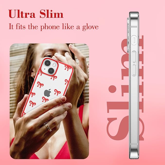 EYZUTAK Case for iPhone 15 Plus, Clear Cute Ribbon Bowknot Pattern Aesthetic Transparent Phone Case Raised Camera Protection Stylish Slim Soft Durable TPU Protective Cover for Women Girls - Red