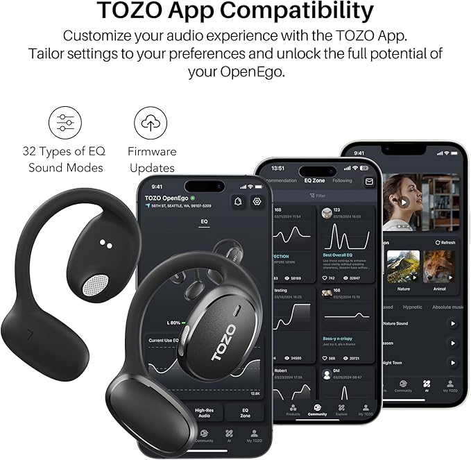 TOZO OpenEgo Open Ear Earbuds Bluetooth Headphones, 80Hrs Playtime Wireless Earbuds with Earhooks, Digital Display, 32 EQ Modes, Clear Call, Comfortable Wear, Sweat-Proof for Running Workout Black