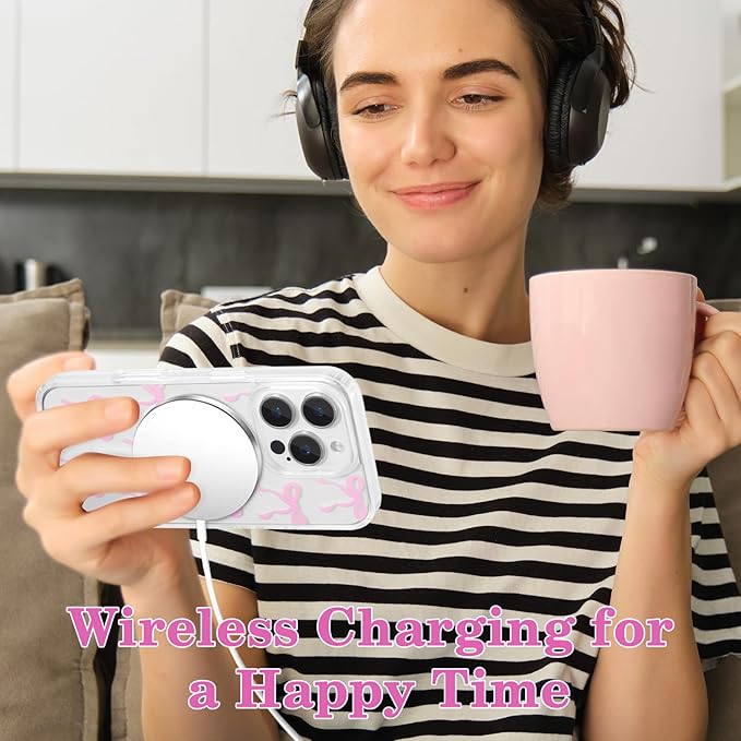 UEEBAI Magnetic for iPhone 13 Pro Case, Bow Case Compatible with MagSafe, Wireless Slim Clear Ribbon Aesthetic Phone Cover Anti-Yellowing Shockproof Protective Cover for Women Girl - Pink