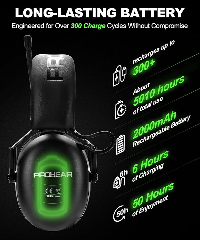 PROHEAR 033 Upgraded Bluetooth Hearing Protection AM FM Radio Headphones, 31SNR Noise Reduction Ear Muffs with Long-Lasting Stable Rechargeable Battery, 50 Hrs for Mowing Snowblowing, Black