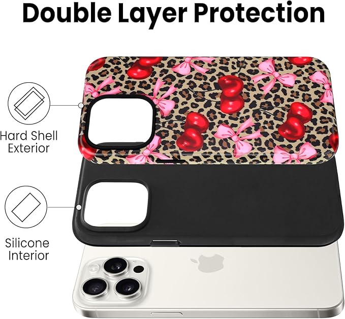 SOKAD Magnetic Cherry Bow Phone Case for iPhone 15 Pro Max, Cute Cherry Pink Bow Vintage Leopard Pattern Compatible with Magsafe Matte Protective Case Cover with Screen Protector for Girls Women