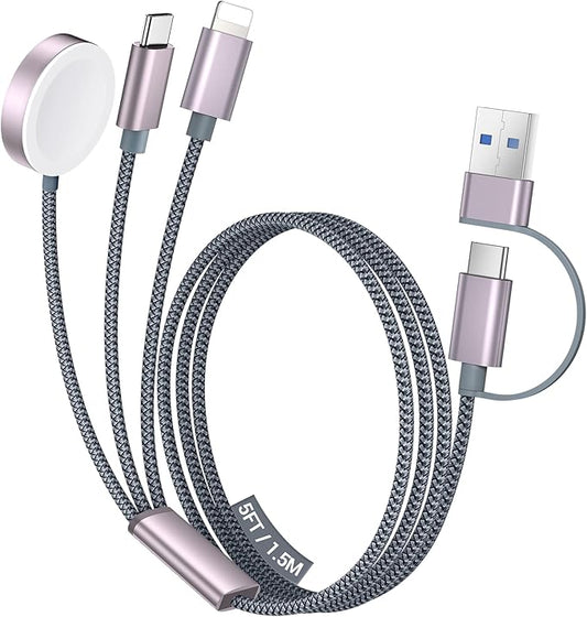 Temdan for Travel Vacation Essentials,3 in 2 USB C Cable for Apple Watch Charger/iPhone 17 Charger/Lightning,Multi Charging Cable Cord,Camping Essentials,Portable Designed for iWatch &iPhone 16-12-5FT
