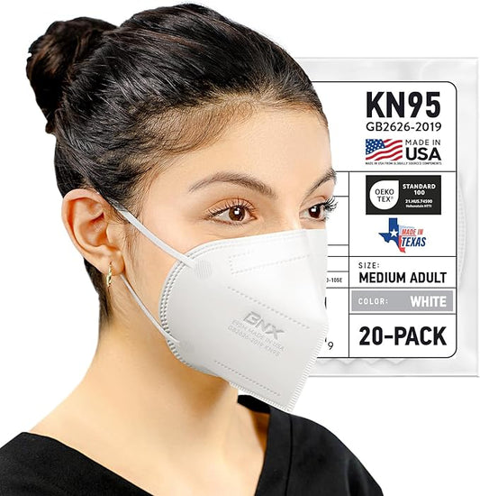 BNX KN95 Face Masks Made in USA (Adult Large, Adult Medium, Kids Small) (Earloop) (Model: E95/E95M/E95S)